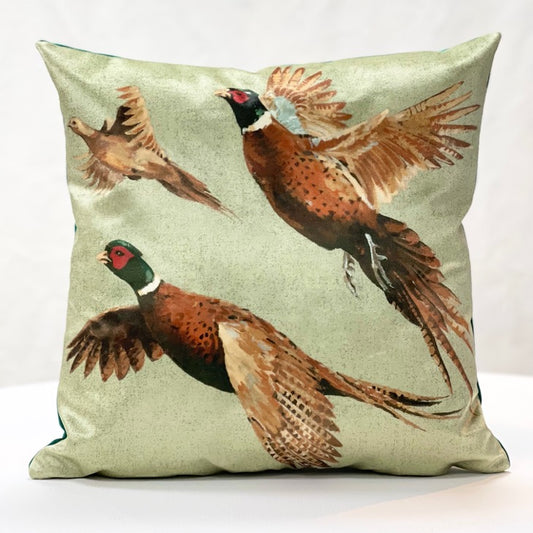 Flying pheasant velvet cushion